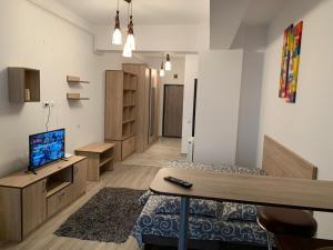 a living room with a couch and a tv in it at CONFORT' by J in Iaşi