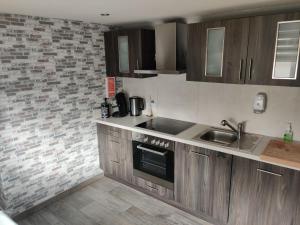 a kitchen with wooden cabinets and a sink and a counter at Ferienhaus am Sauerbrunnen in Daun