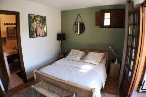 a bedroom with a bed and a mirror on the wall at Charmant 2 pièces + terrasse entouré de verdure in Vence