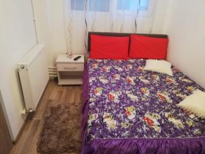a bedroom with a bed with purple sheets and red pillows at Casa Ana in Eforie Sud