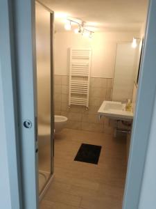 a bathroom with a shower and a sink and a toilet at Appartamento Le Ancore in Marciana Marina