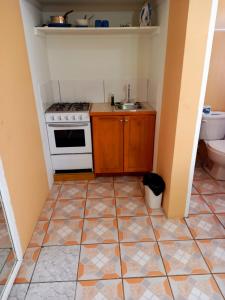 a small kitchen with a stove and a sink at Beverley's Guest House, Nevis in Nevis