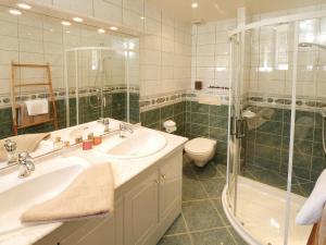 W łazience znajduje się umywalka, prysznic i toaleta. w obiekcie Domaine de Bellevue Gîte du Mont Poupet w mieście Marnoz