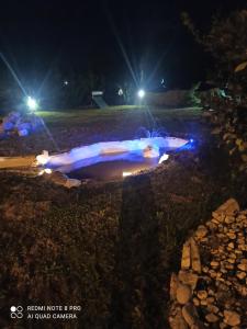 a pond lit up at night with blue lights at Moon studios in Lygia