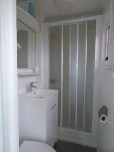Baño blanco con aseo y lavamanos en Chalet Seazon O1, en Buren