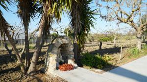 a stone fireplace with a palm tree and a sidewalk at Home sweet Home in Metaponto