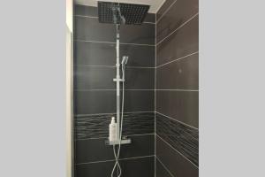 prysznic w łazience wyłożonej czarnymi kafelkami w obiekcie Logement entier+ jardin privé et parking 2places w Rouen