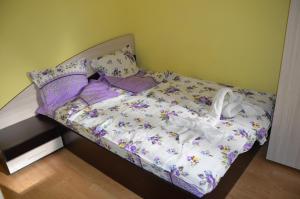 ein Schlafzimmer mit einem Bett mit einer lila Bettdecke in der Unterkunft Guest House Rainbow in Cherni Osŭm