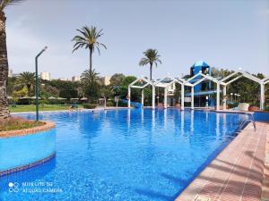 una gran piscina en un complejo con palmeras en BenalSuite estudio, piscina y playa en BenalBeach, Benalmadena en Benalmádena