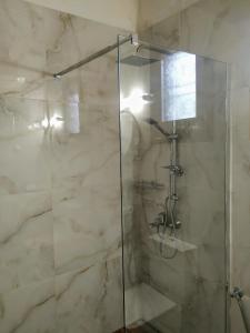 a bathroom with a shower with a glass door at Lemon Tree and Olive Garden House in Chorto