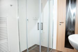 łazienka z przeszkloną kabiną prysznicową i umywalką w obiekcie Penzion U Svaťoša w mieście Mutěnice