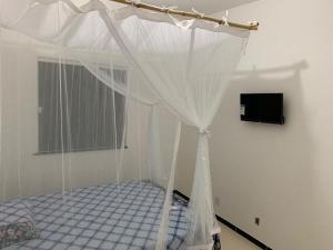um quarto com uma cama e uma rede mosquiteira em Pousada Obedemar - Taipu de fora, Barra Grande, Ba em Barra Grande