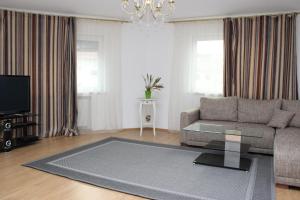 ein Wohnzimmer mit einem Sofa und einem TV in der Unterkunft Apartment aPriori-Baden-Baden in Baden-Baden