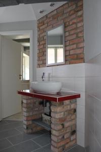 ein Badezimmer mit einem Waschbecken an einer Backsteinwand in der Unterkunft Ferienwohnungen Im Alten Handelshof in Quedlinburg