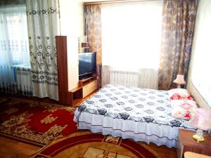 1 dormitorio con 1 cama, TV y ventana en Apartment 2Pillows Bogomyagkova 11fl, en Chita