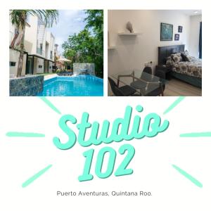 a collage of photos of a hotel with a swimming pool at STUDIO 102 Puerto Aventuras private complex with swimming pool in Puerto Aventuras