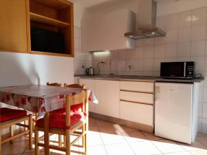 a kitchen with a table and a refrigerator at Accogliente struttura nel cuore della Valmalenco in Chiesa in Valmalenco