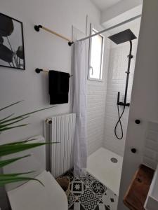 uma casa de banho branca com um chuveiro e um WC. em Les Rauches - Quai Loire - Chambre Jungle em Châteauneuf-sur-Loire