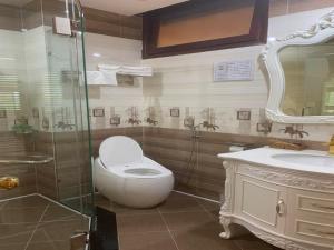 La salle de bains est pourvue de toilettes et d'une douche en verre. dans l'établissement Binh An Hotel, à Hô-Chi-Minh-Ville