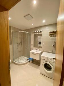 a bathroom with a shower and a washing machine at Apartment David Garden Towers in Prague