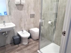 a bathroom with a shower and a toilet and a sink at Hunters Holiday Cottage in Saint Boswells