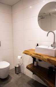 bagno con lavandino, servizi igienici e specchio di Eb & Vloed a Petten