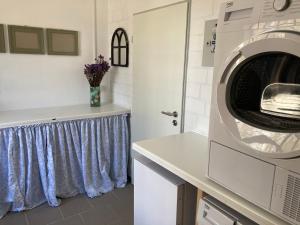 a kitchen with a washer and dryer on a counter at Ferienwohnung LOLA in Hohenlockstedt +14 photos