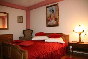 a bedroom with a red bed with a painting on the wall at Pensiunea Club Castel Resita in Reşiţa