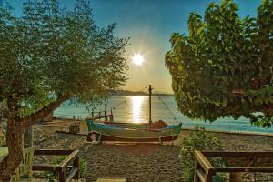 a hammock on the beach with the sun in the background at Venus Beach Hotel in Nea Stira