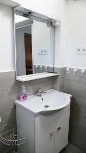 a bathroom with a white sink and a mirror at Aranyvölgy Vendégház in Ófalu