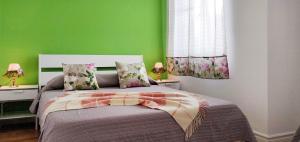 a bedroom with a bed with a green wall at Rainbow Guest House in Madalena