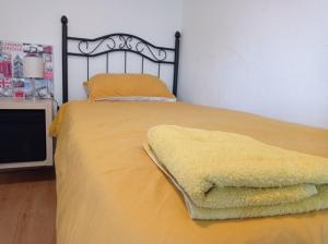 バリャドリッドにあるApartamento TISARE wifiのベッド(上に黄色の毛布付)