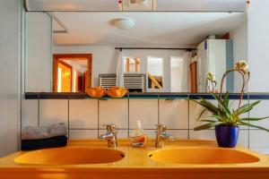 baño con lavabo amarillo y espejo en Ferienwohnung Familienzeit mit Sauna en Hohen Pritz