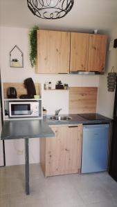 a kitchen with wooden cabinets and a white microwave at Studio Confort Netflix Business in Brétigny-sur-Orge