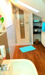 a bathroom with a shower with a blue rug next to a sink at Gästehaus Sonnenhügel in Möhnesee +65 photos