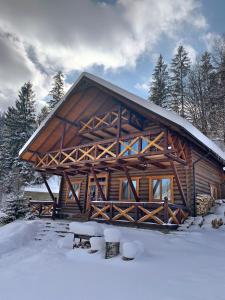 a large log cabin in the snow with trees at Терношорська Лада in Snidavka