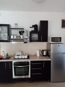 a kitchen with a stove and a refrigerator at Apartman Valkira in Novalja