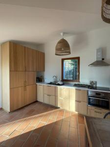 una cucina vuota con armadi in legno e lavandino di Mas de la Pivoine a Le Puy-Sainte-Réparade