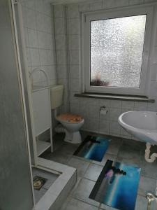 baño con lavabo y aseo y ventana en Ellen`s Pension en Dobbrun