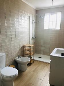 a bathroom with a toilet and a sink and a shower at Casa da Ilha in Madalena