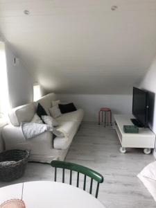 a living room with a white couch and a tv at Östernäs in Grebbestad