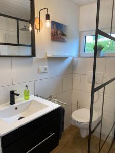 SüdbrookmerlandにあるFerienhaus Grosses Meer mit Bootの洗面台とトイレ付きのバスルーム +24枚の写真