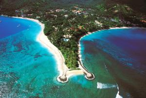 an aerial view of an island in the ocean at Pool Villa Merumatta Senggigi in Senggigi