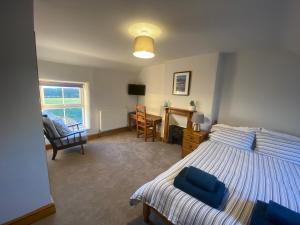 a bedroom with a bed and a desk and a chair at Little Hilton Farm in Haverfordwest