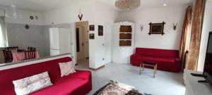 ein Wohnzimmer mit zwei roten Sofas und einem Tisch in der Unterkunft le Mongolfiere 2 in Malè