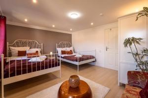 Un dormitorio con 2 camas y una mesa en una habitación en Green Valley Lounge Apartment, en Weibern