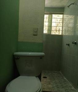 ein Badezimmer mit einem weißen WC und einer grünen Wand in der Unterkunft El Portón de Cortés in Tepeaca
