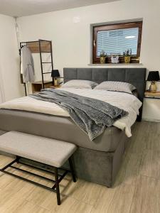 1 dormitorio con 1 cama grande y 1 silla en Apartments Hana Bled, en Bled