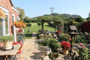 a garden with potted plants and a fountain at The Garden Room Westcott in Westcott