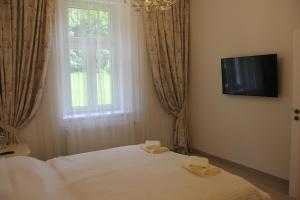 une chambre avec un lit, une télévision et une fenêtre dans l'établissement Jurincom apartments Kralovska Vyhlidka, à Karlovy Vary